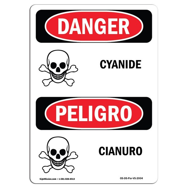 Safety Sign, OSHA Danger, 5" Height, Cianuro, Bilingual Spanish, 10PK